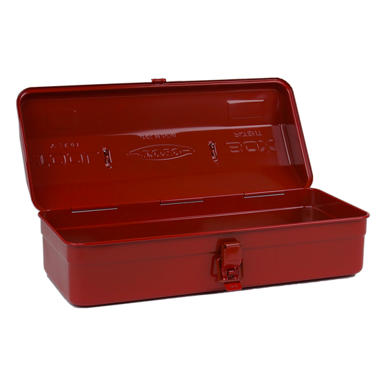 Toyo Steel Y-350 Gloss Red. Open lid reveals a spacious interior with a glossy red steel finish, round handle, and camber-top design. 1.3kg.