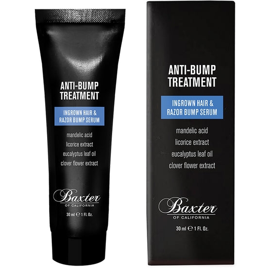 Baxter of California Anti-Bump Treatment. 1 oz clear-gel formula designed to treat and prevent razor bumps and ingrown hairs. Contains mandelic acid, allantoin, clover flower extract, and licorice extract to reduce redness and even skin tone.