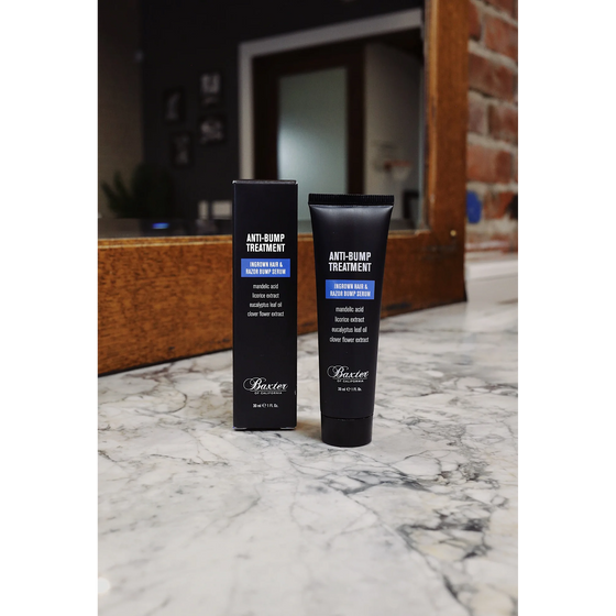 Baxter of California Anti-Bump Treatment. 1 oz gel treatment that addresses razor bumps and ingrown hairs. Features mandelic acid and allantoin to soothe skin, while clover flower and licorice extracts help minimize scarring and redness.