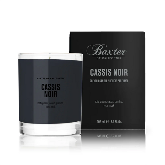 Baxter of California Cassis Noir Candle. A soy wax candle with a seductive blend of dark and mysterious notes, complemented by sweet undertones. Creates a harmonious atmosphere of tranquility and mindful balance.