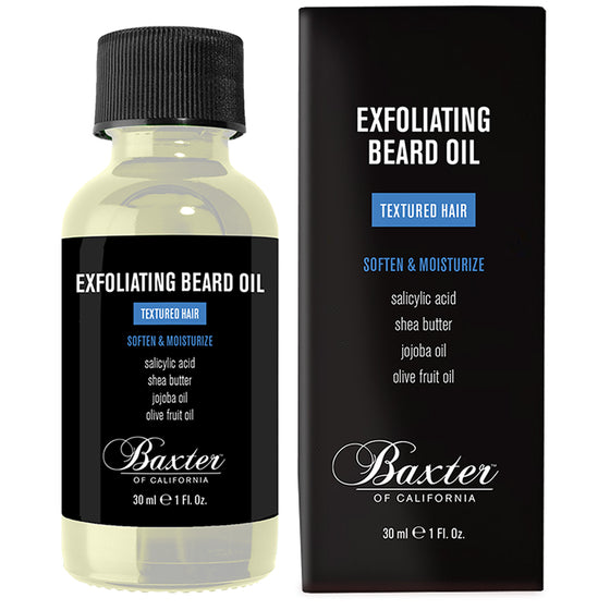 Baxter of California Exfoliating Beard Oil. Exfoliates dead skin and hydrates facial hair with salicylic acid. Features olive fruit oil, sunflower seed oil, and shea butter for conditioning and moisture. 1 oz.