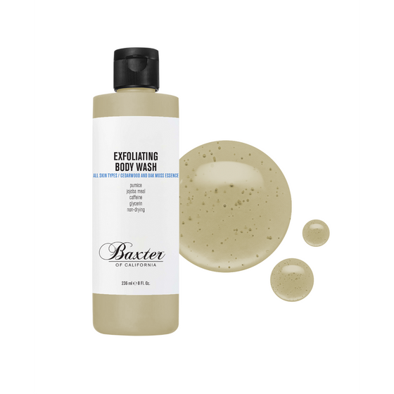 Baxter of California Exfoliating Body Wash. Rich-lathering body wash enriched with pumice and jojoba meal. Exfoliates rough patches and cleanses skin with a subtle cedar wood and oakmoss fragrance. Perfect for daily use. Paraben-free. 8 oz.