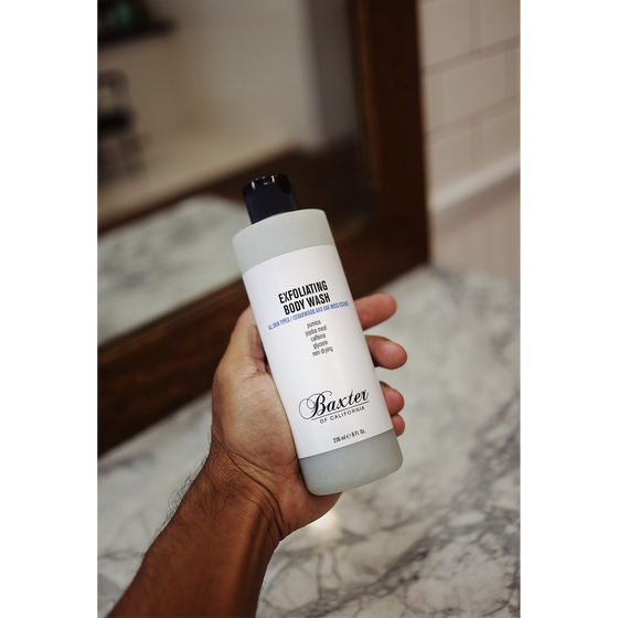 Baxter of California Exfoliating Body Wash. Smooth and hydrating wash with pumice and jojoba meal for exfoliating and cleansing. Leaves skin refreshed with a subtle cedar wood and oakmoss scent. Suitable for daily use. Paraben-free. 8 oz.