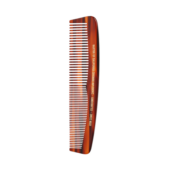 Baxter of California Pocket Comb. Portable and handcrafted comb, made in Switzerland from cellulose acetate for durable grooming. Ideal for travel and daily use, with a meticulous 12-step production process. 5.25".