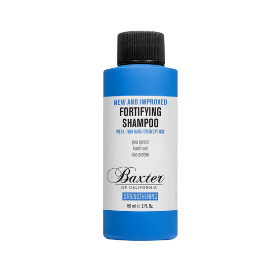 Baxter of California Fortifying Shampoo Strengthening 2 oz. This clinically tested shampoo strengthens and volumizes weak, thin hair with pea sprout, basil root, and rice protein, delivering an invigorating mint sensation.