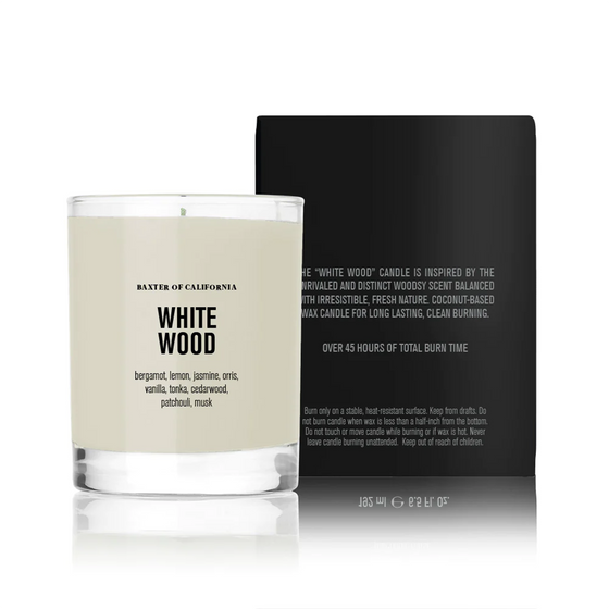 Baxter of California White Wood Candle. Inspired by a fresh, woodsy aroma, this soy wax candle blends bergamot, vanilla, and cedarwood. Enjoy a clean, long-lasting burn with more than 45 hours of total burn time.