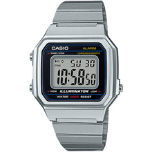  Casio B650WD-1A Vintage Watch. Digital watch with large time digits, LED backlight, 50-meter water resistance, 1/100-second stopwatch, daily alarm, and a stainless steel band.