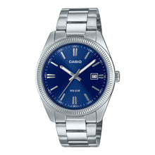  Casio MTP1302D-2A Vintage Watch. Sleek silver watch with a blue dial, luminous hands, and markers. Features a stainless steel case and band, quartz movement, date display, and 50-meter water resistance