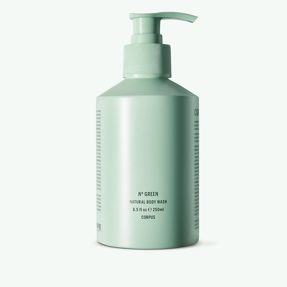 Corpus Nº Green Body Wash. Features a refreshing blend of Bergamot, Pink Lemon, Orange Blossom, and Cardamom in a sleek, modern bottle. 8.5 fl oz.