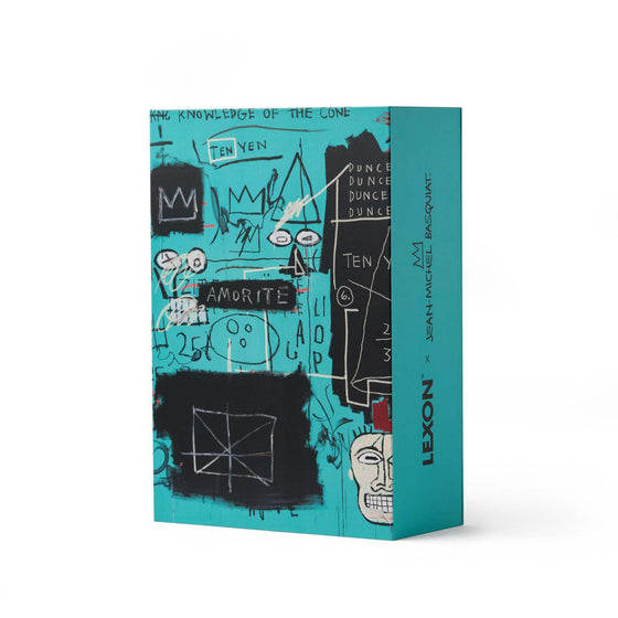 Lexon x Jean-Michel Basquiat gift set featuring the “Equals Pi” design. Includes Bluetooth speaker and clock in vibrant packaging with abstract math-inspired artwork.
