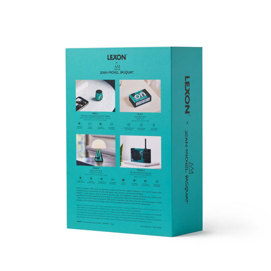 Back of the Lexon gift set featuring Jean-Michel Basquiat’s “Equals Pi” design. Includes signature packaging with layered artistic elements and bold mathematical symbolism.