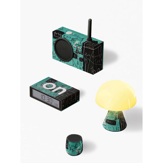 All items from the Equals Pi gift set laid out flat, highlighting the full collection of Jean-Michel Basquiat-designed Lexon products with matching visuals and color scheme.