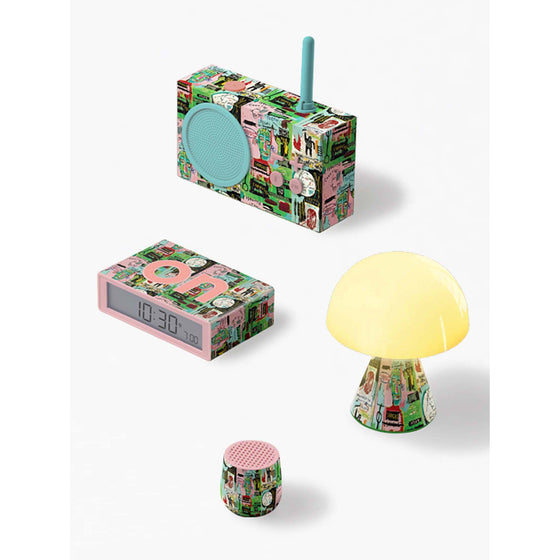 All products from the In Italian gift set laid out in full, combining Lexon’s award-winning tech with Basquiat’s multi-language collage aesthetic and expressive energy.