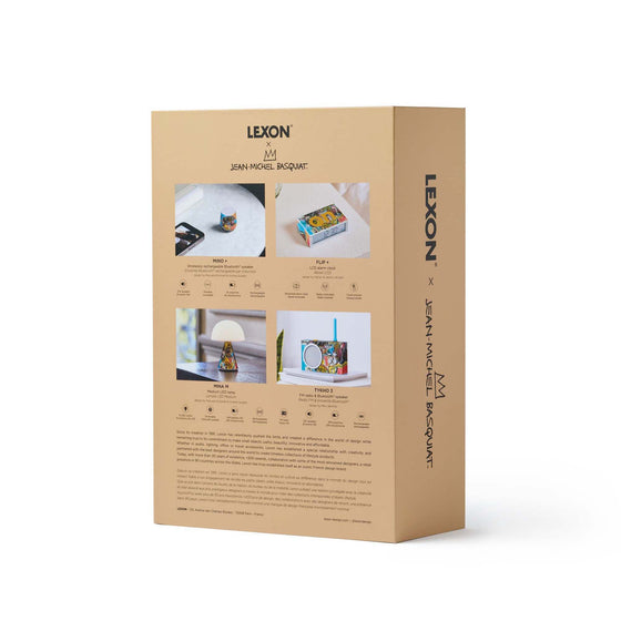 Back packaging of the Lexon gift set with Jean-Michel Basquiat’s Untitled (Skull) design, delivering a striking visual mix of raw linework and emotional intensity.