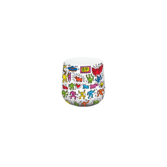 White MINO+ speaker from Lexon showcasing Keith Haring’s cheerful “Happy” characters. Portable, pairable, and a vibrant celebration of sound and pop art.