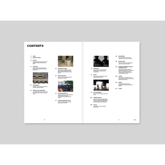 Magazine B - Issue 16 Aesop. A page featuring the Table of Contents, outlining the various sections and highlights of the issue.