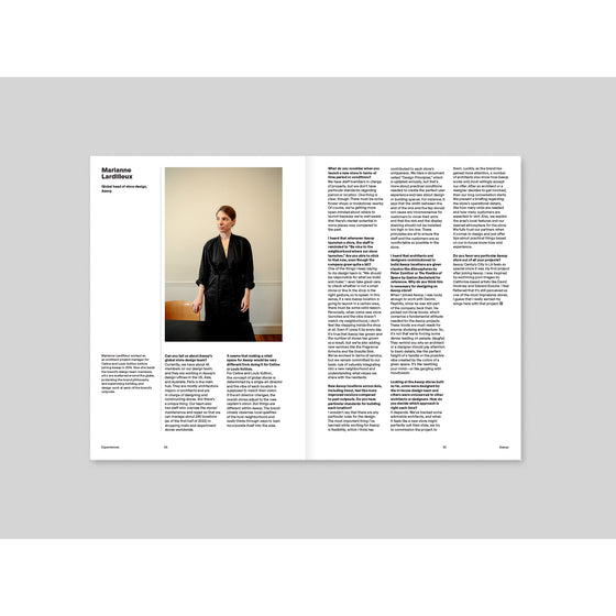 Magazine B - Issue 16 Aesop. A page featuring an interview with the Head of Design at Aesop, discussing the brand's unique approach to aesthetics and product design.