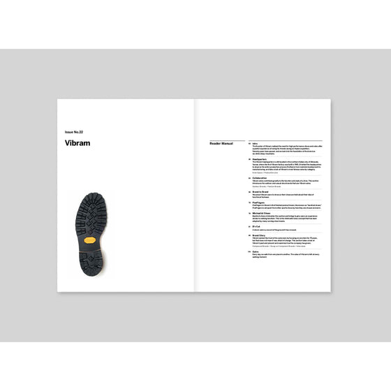 Magazine B - Issue 22 Vibram. A page featuring the table of contents, showcasing the sections and features of the issue in a clean, organized layout.