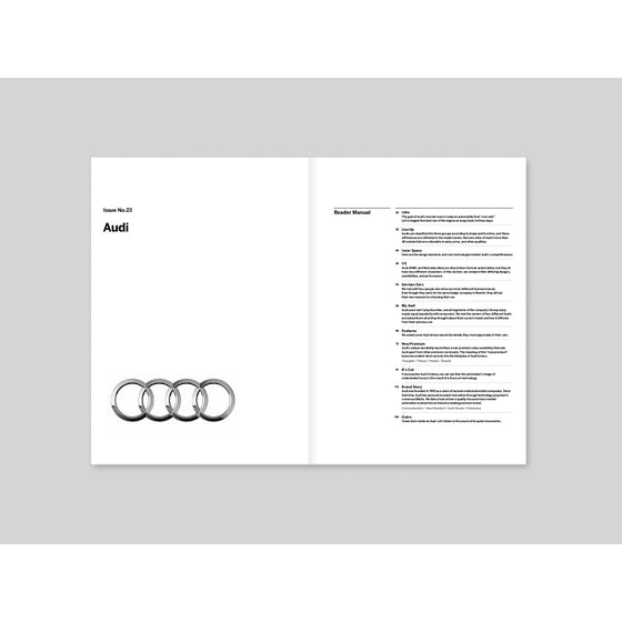 Magazine B - Issue 23 Audi. A page featuring the table of contents, showcasing the various sections and highlights of the issue.