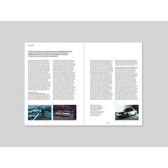 Magazine B - Issue 23 Audi. A page detailing Audi’s brand evolution from its origins in Auto Union to its current status as a premium automotive leader, highlighting key milestones and strategic shifts.