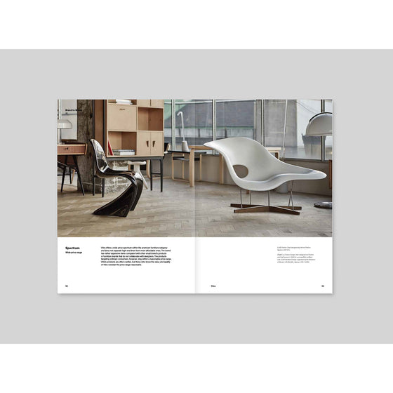 Magazine B - Issue 33 Vitra. The chairs page displays a striking arrangement of Vitra’s iconic chair designs, each elegantly showcased with detailed images and descriptions, set against a sophisticated background that highlights the craftsmanship and innovation of the pieces.