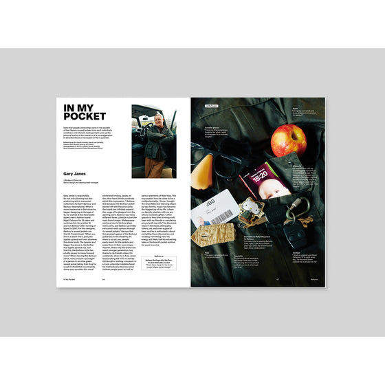 Magazine B - Issue 94 Barbour "In My Pocket" features personal and practical items often carried by Barbour enthusiasts, highlighting accessories and essentials that complement the brand’s lifestyle and functional apparel.