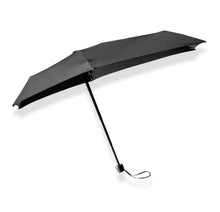  Senz Micro Foldable Storm Umbrella – Black. Compact foldable storm umbrella with asymmetrical canopy, wind-resistant frame, and black handle with wrist strap, folds into a cover.