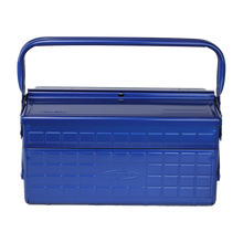  Toyo Steel Cantilever Toolbox GL-350 Blue. Durable blue steel toolbox with double handles and adjustable trays, offering ample storage and versatile use. 3.9kg.
