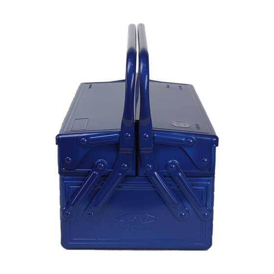 Toyo Steel Cantilever Toolbox GL-470 Blue. Side view of the large blue steel toolbox showing its double handles, extensive layers, and organized compartments. 4.8kg.