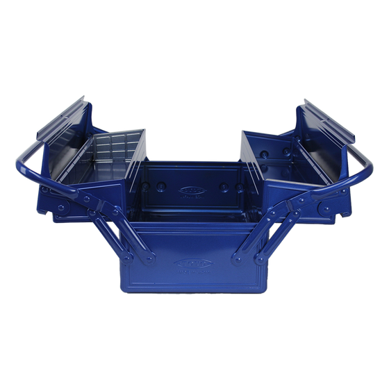 Toyo Steel Cantilever Toolbox GL-470 Blue. Open lid reveals multiple layers with adjustable trays, providing ample space for organizing a wide range of items. 4.8kg.