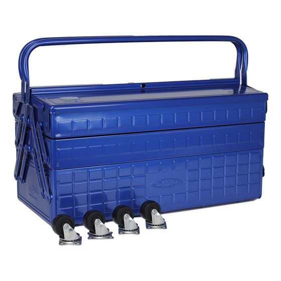 Toyo Steel GT-470 Blue. Functional blue steel toolbox featuring ample volume storage, adjustable and removable dividers, and 4 attachable wheels. 7.3kg.