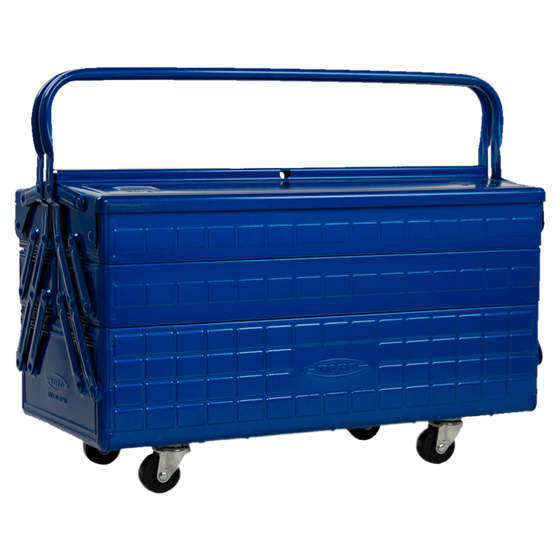 Toyo Steel GT-470 Blue. Robust blue steel toolbox with a glossy finish, double handles, and two layers with adjustable dividers for versatile storage. 7.3kg.