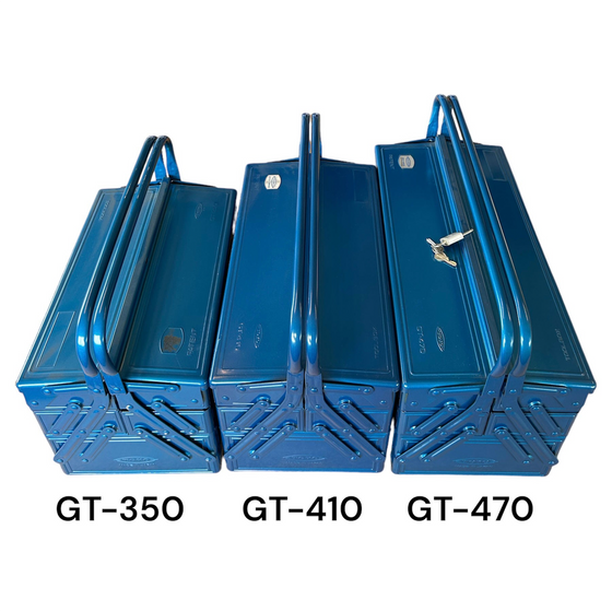 Toyo Steel GT-470 Blue. Comparison with other toolboxes showing its larger size and additional features, highlighting the GT-470's capacity and versatility. 7.3kg.