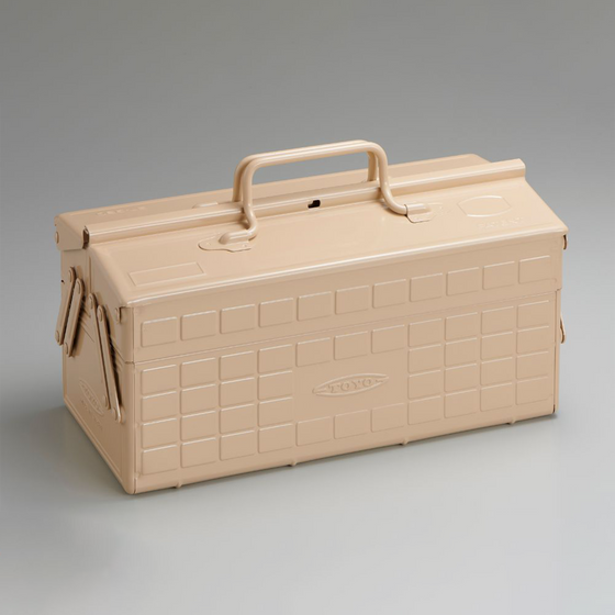 Toyo Steel ST-350 Beige. Durable beige steel toolbox with double handles and double layers, featuring ample storage space and 8 removable dividers. 2.6kg.