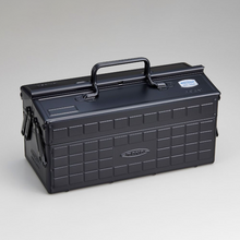  Toyo Steel ST-350 Black. Durable black steel toolbox with a sturdy build, offering ample storage space with a single layer and secure closure. 3.7kg.