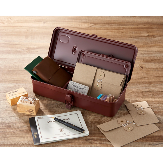 Toyo Steel T-190 Antique Brown. Open view with various small items inside the box, showcasing its matte antique brown finish and compact design. 0.4kg.