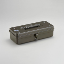  Toyo Steel T-350 Moss Green. Sleek matte moss green toolbox with a top-mounted round handle and cylinder lock, offering excellent durability and stacking capability. 1.24kg.