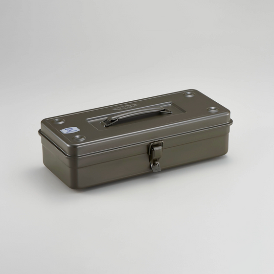 Toyo Steel T-350 Moss Green. Sleek matte moss green toolbox with a top-mounted round handle and cylinder lock, offering excellent durability and stacking capability. 1.24kg.