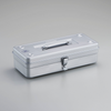 Toyo Steel T-350 Silver. Matte silver steel toolbox with a round handle, designed for durability and stacking. Features a cylinder lock and seamless construction. 1.24kg.