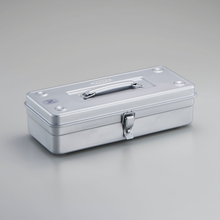  Toyo Steel T-350 Silver. Matte silver steel toolbox with a round handle, designed for durability and stacking. Features a cylinder lock and seamless construction. 1.24kg.