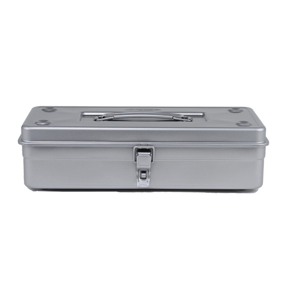 Toyo Steel T-350 Silver. Compact matte silver steel toolbox with a seamless design and round handle, ideal for secure and organized storage. 1.24kg