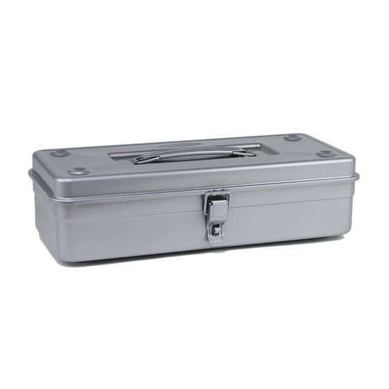 Toyo Steel T-350 Silver. Sleek matte silver toolbox with a top-mounted round handle and cylinder lock, offering excellent durability and stacking capability. 1.24kg.