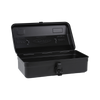 Toyo Steel Camber Top Black Y-280. Open Lid. Durable steel container with a sleek black finish, ideal for storing and organizing various items securely. 1.1 kg.