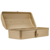 Toyo Steel Y-350 Beige. Open lid reveals a spacious interior with a glossy beige steel finish, featuring a round handle and camber-top design. 1.3kg.
