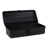 Toyo Steel Y-350 Black. Open lid reveals a spacious interior with a glossy black steel finish, featuring a round handle and camber-top design. 1.3kg.