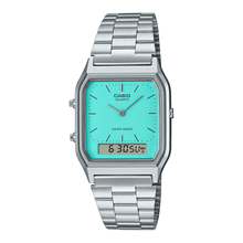  Casio AQ230A-2A2 Vintage Watch. Classic analog watch with a digital window, featuring a striking ice blue color. Combines retro design with modern functionality.