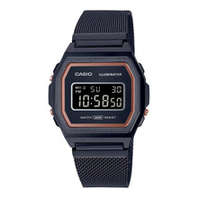  Casio A1000MB-1BVT Vintage Watch. Black metal watch with an antique-style stainless steel mesh band, featuring a rich, vintage aesthetic with artisanal colors and finishes.