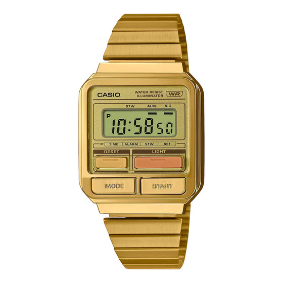 Casio A120WEG-9A Vintage Watch. Retro-inspired digital watch with gold-tone case and multi-color front buttons, offering 1980s nostalgia with modern features like a stopwatch and alarm.
