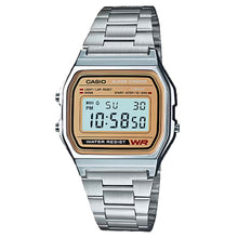  Casio A158WEA-9 Vintage Watch. Silver stainless steel digital watch with a gold face, featuring a daily alarm, hourly time signal, and auto calendar for reliable timekeeping.