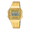 Casio A168WG-9VT Vintage Watch. Classic timepiece from the Casio Vintage Collection featuring a gold-tone case, EL backlight, and 1/100-second stopwatch.